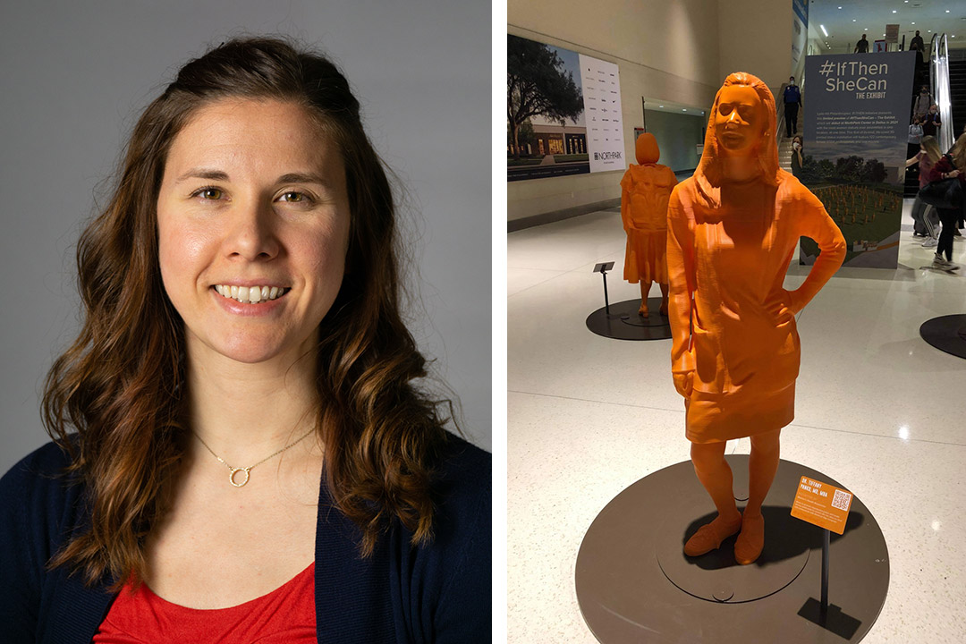 side-by-side images of a portrait of Tiffany Panko and a 3D-printed orange statue of her.