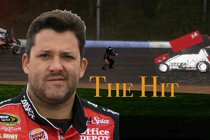 A photo composite with a portrait of a man on the foreground and in the background is a man about to be struck by a small racecar. 