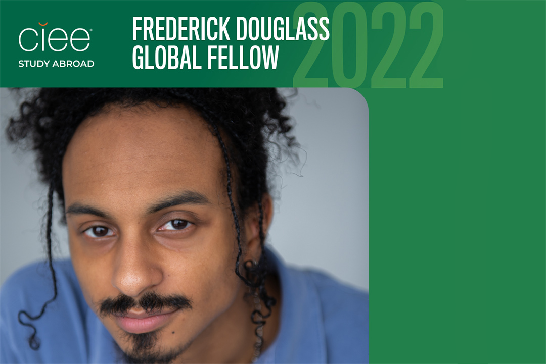 graphic with portrait of CIEE Frederick Douglass Global Fellow Jahaad Shairi