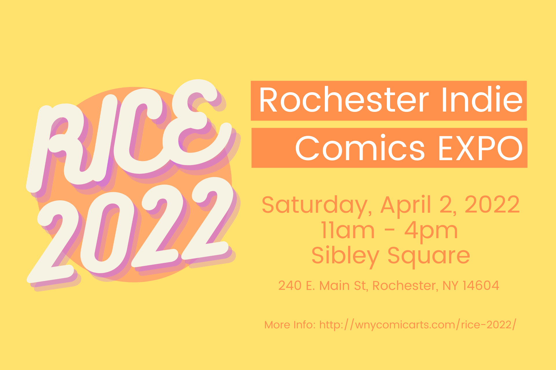 A yellow and orange graphic promoting the Rochester Indie Comics Expo.