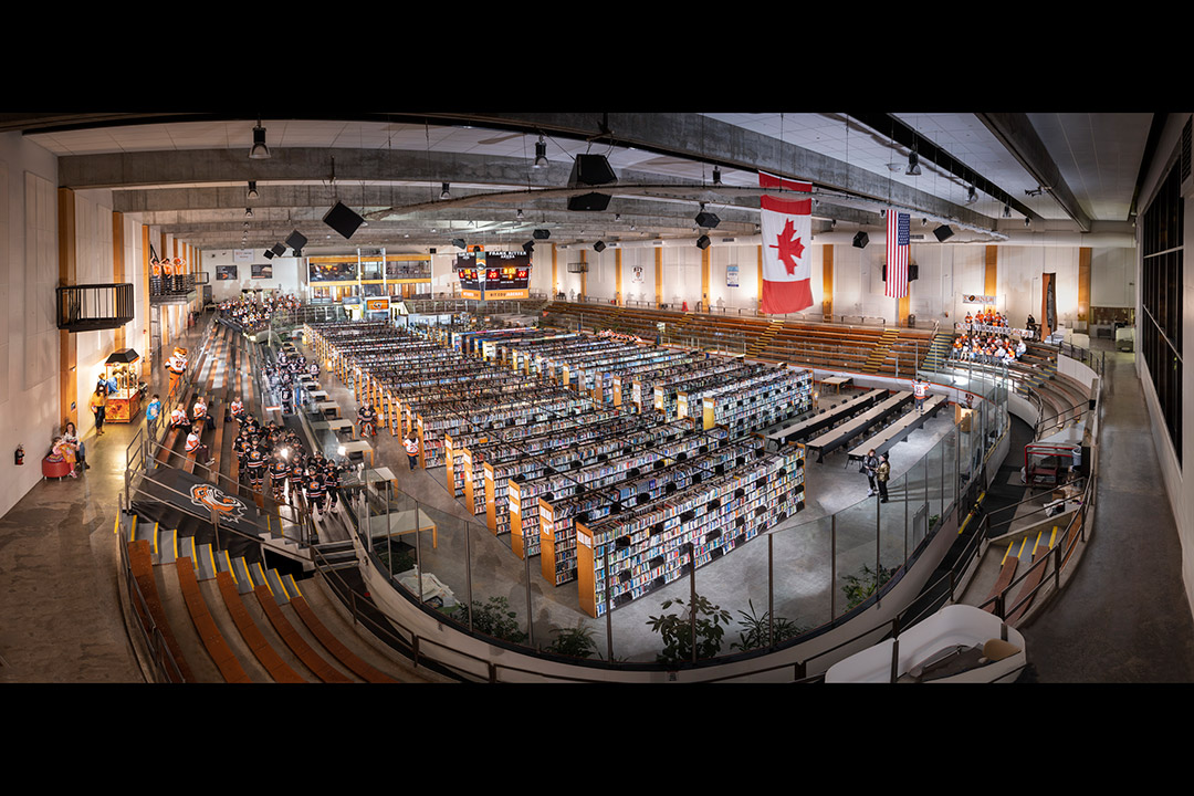 160-degree angle-of-view image of an ice arena that was turned into a library.