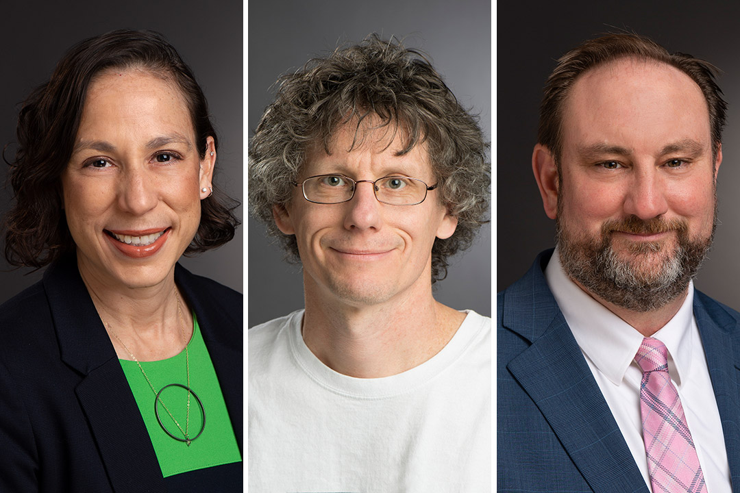 side-by-side images of faculty members Iris Rivero, Andrew Herbert, and Michael Laver.