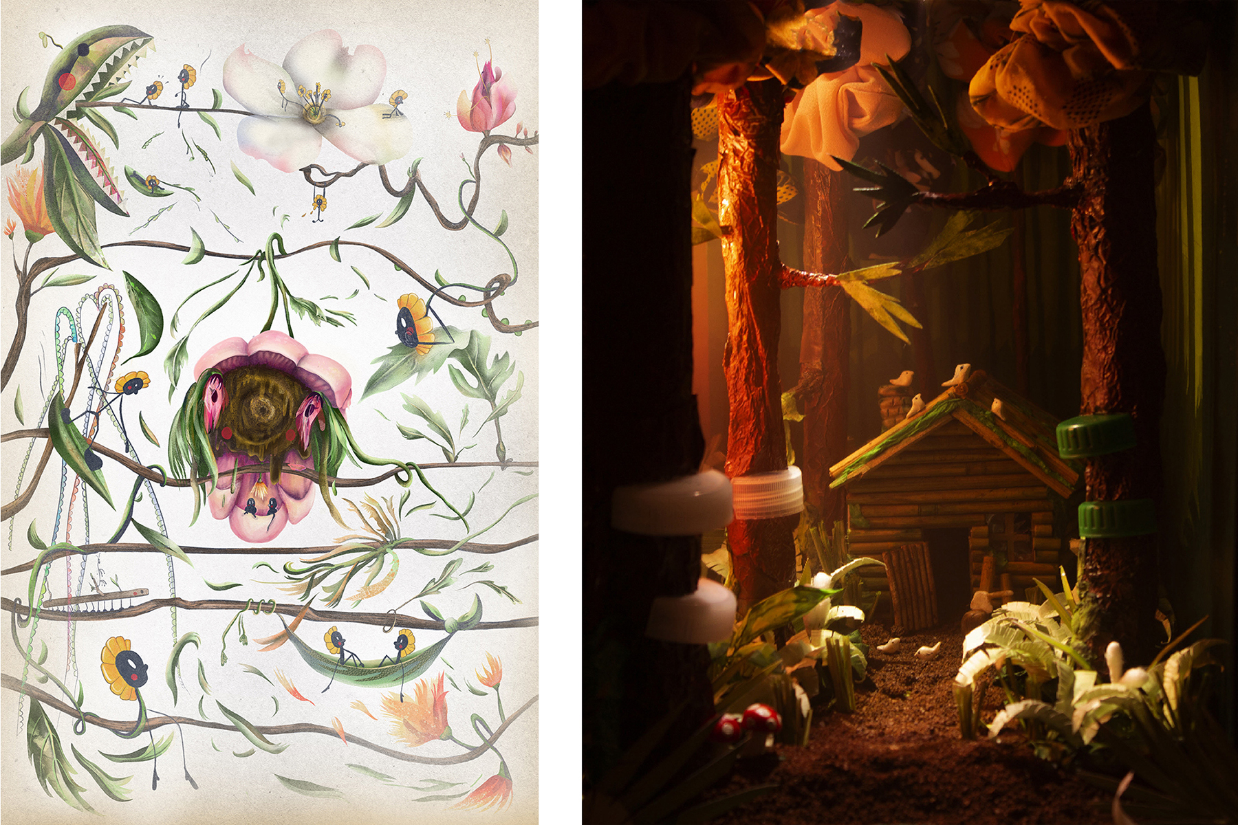 A side-by-side of two illustrations, one featuring flowers hanging on branches and the other of a diorama of a forest environment.