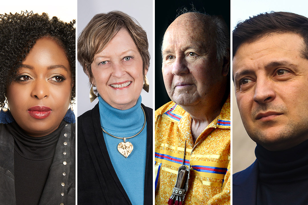 side-by-side portraits of Kimberly Bryant, Josephine King Olsen, G. Peter Jemison, and Volodymyr Zelenskyy.