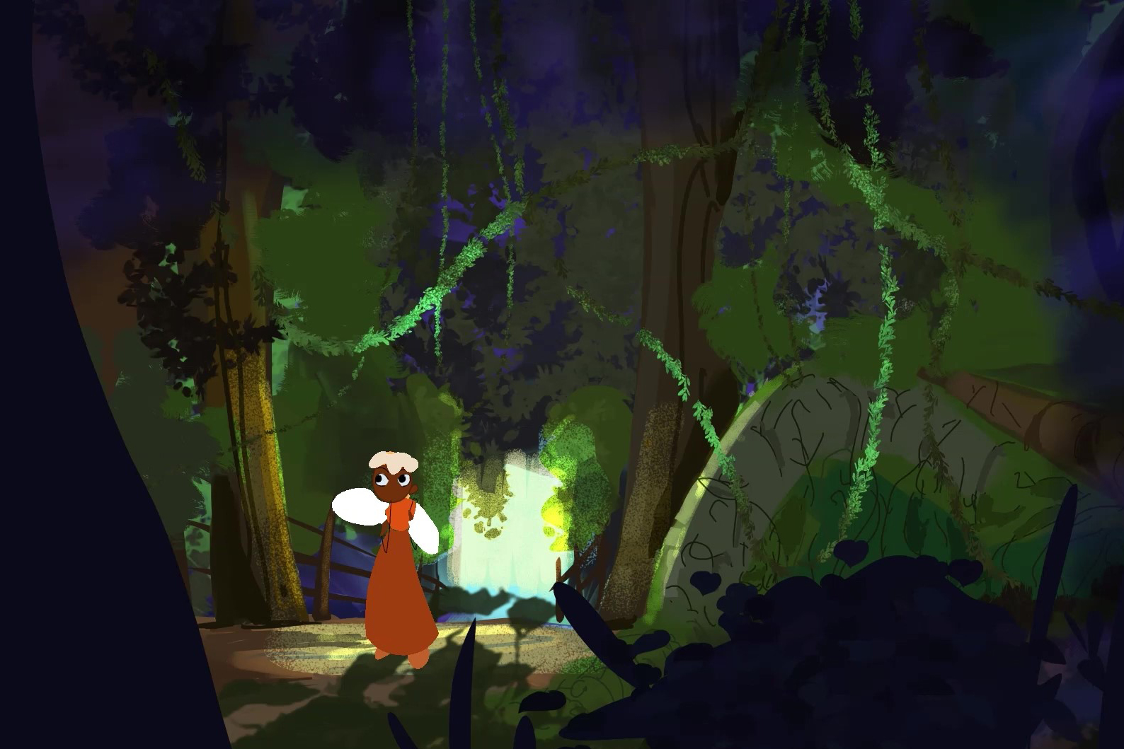 A 2D-animated character walks in a forest.