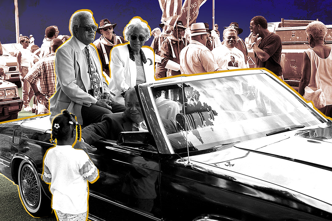 photo illustration of people walking along a street in a parade, and people sitting on top of a convertible.