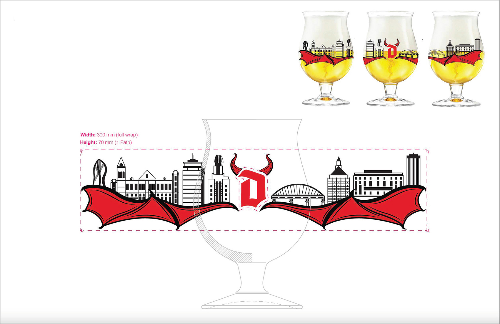 A glass design with the Rochester skyline.