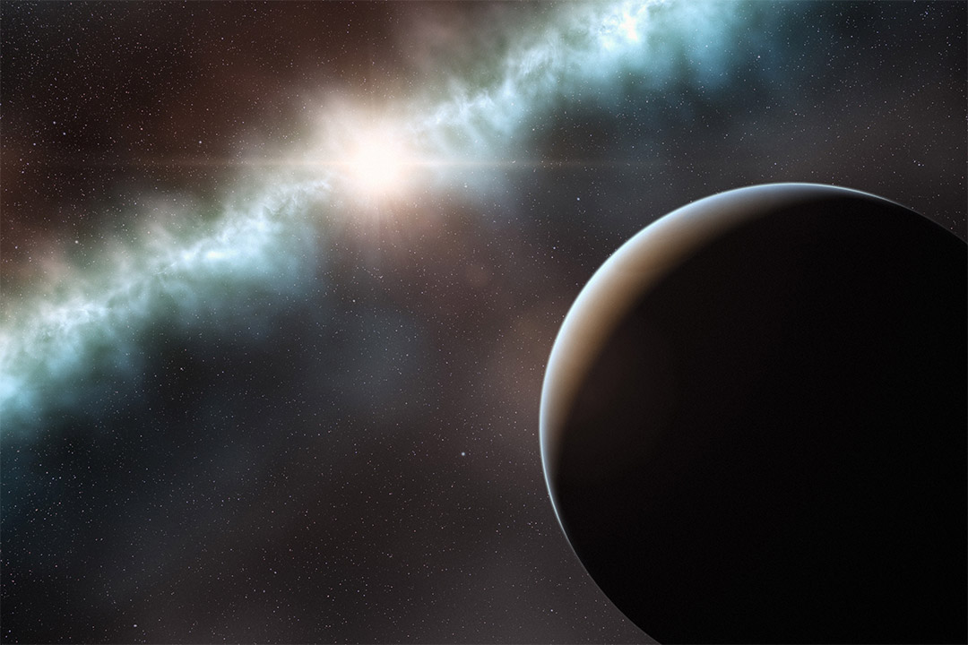an artist's impression of the view from a planet that may have formed in the disk of gas and dust orbiting a star.