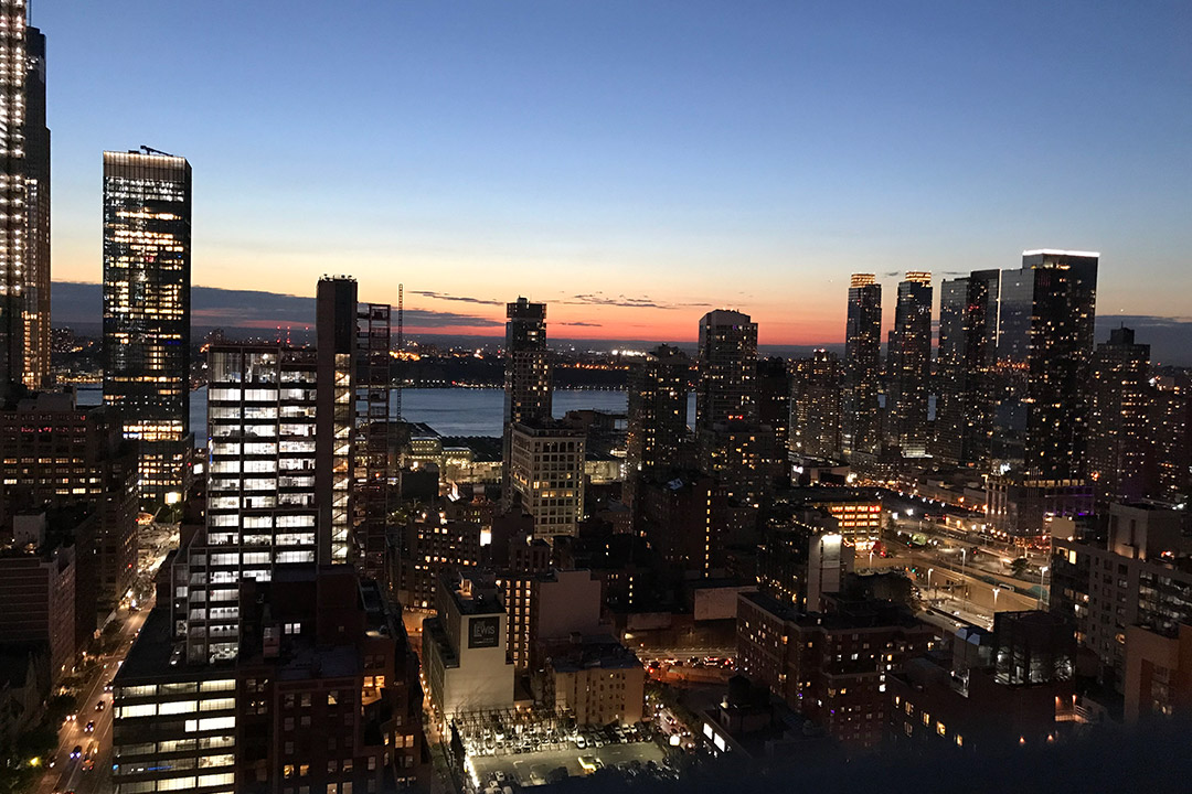 view of New York City at dusk.