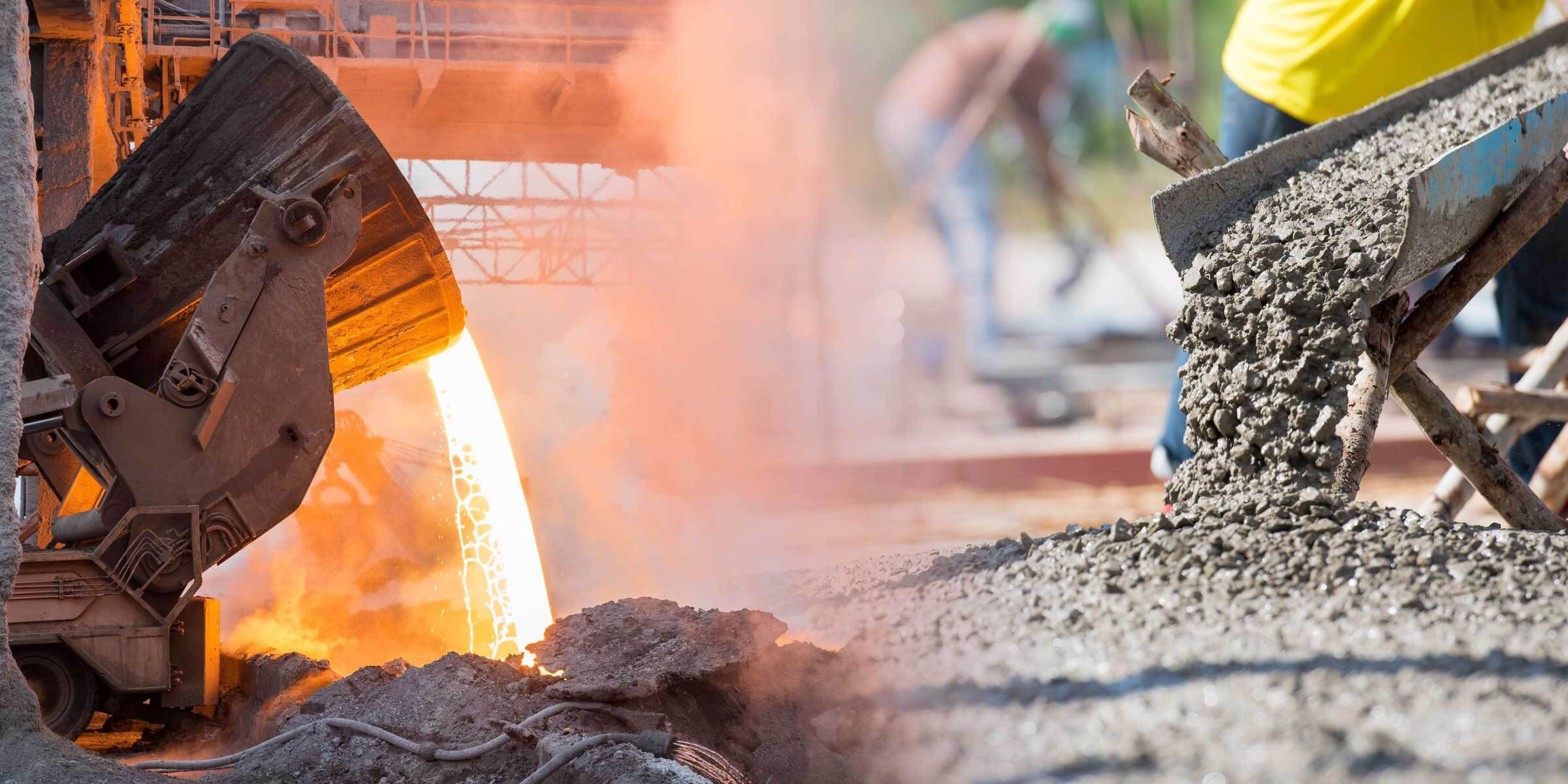 Molten steel is being poured on the left and concrete is being poured on the right. 