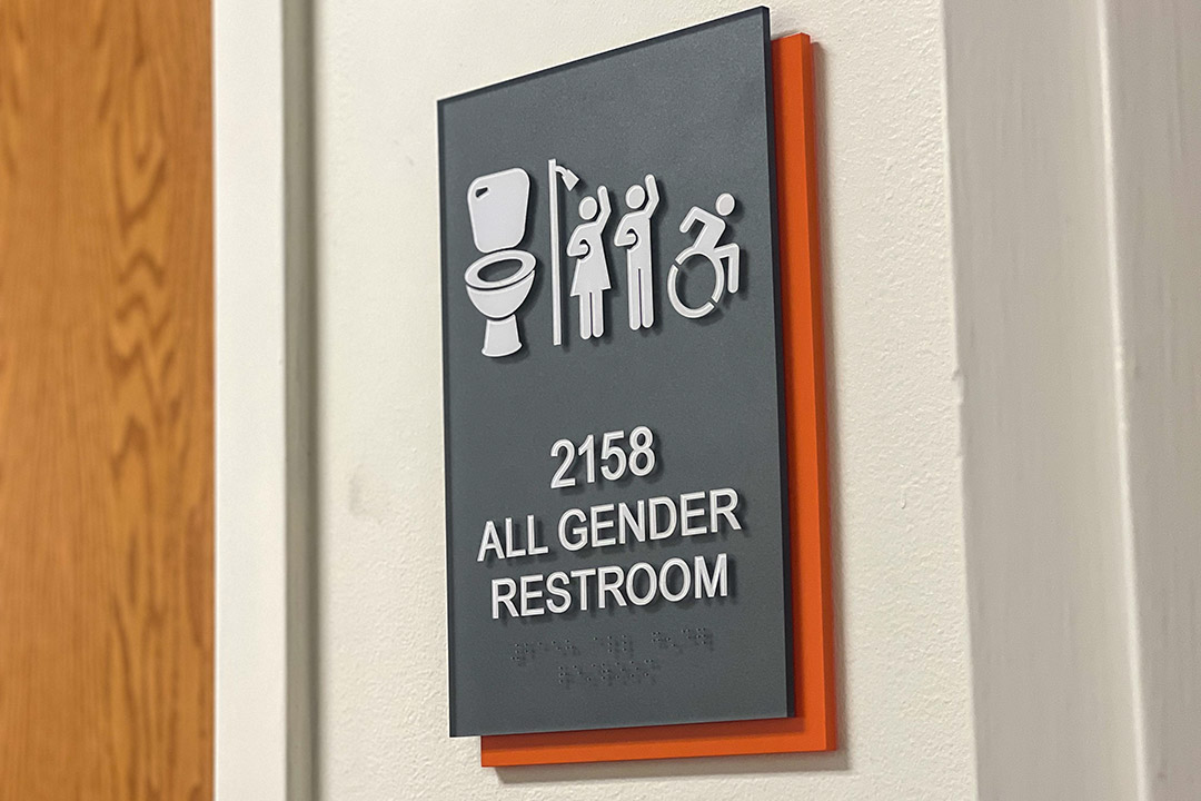 a sign next to a bathroom door indicating all gender restroom with toilet, shower, and wheelchair accessibility.