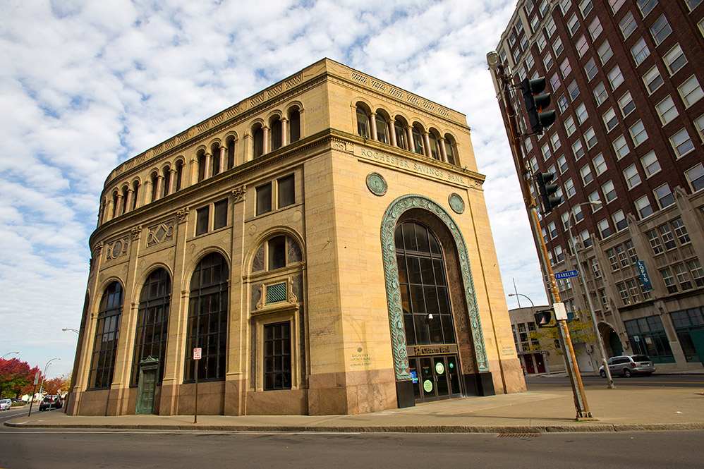 exterior of a former bank in downtown Rochester.