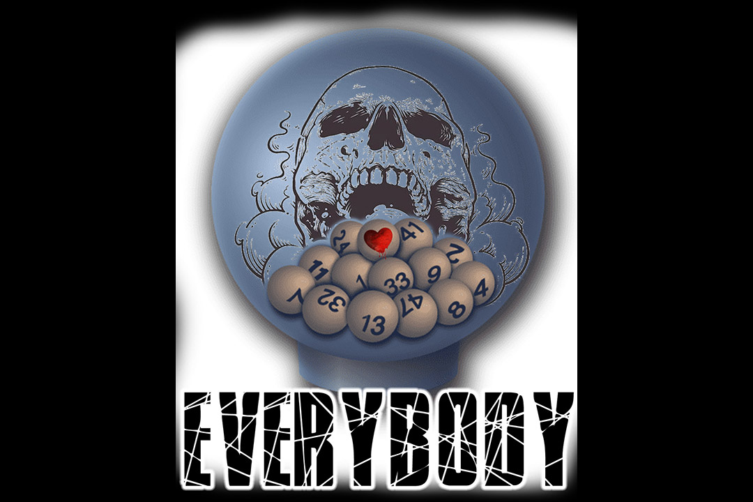 poster for the play Everybody with a skull eating numbered lottery balls.