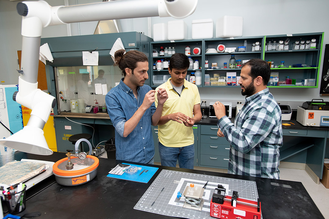 professor and two students talking in a lab.