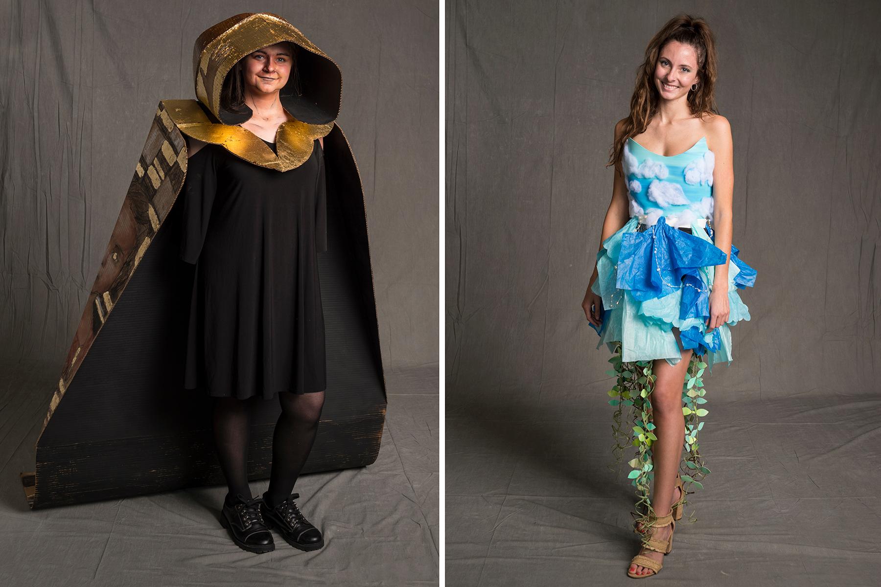 Students don self-designed wearable sculpture.