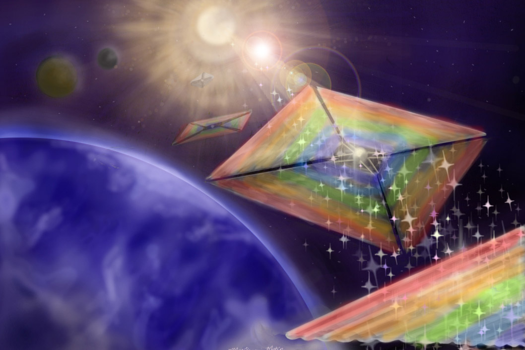 conceptual illustration of diffractive solar sails in space.