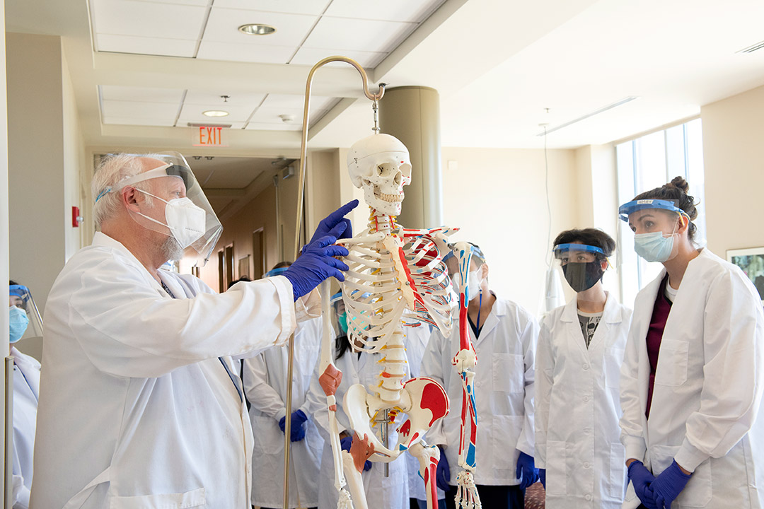 professor and students wearing lab coats looking at a model of a human skeleton.