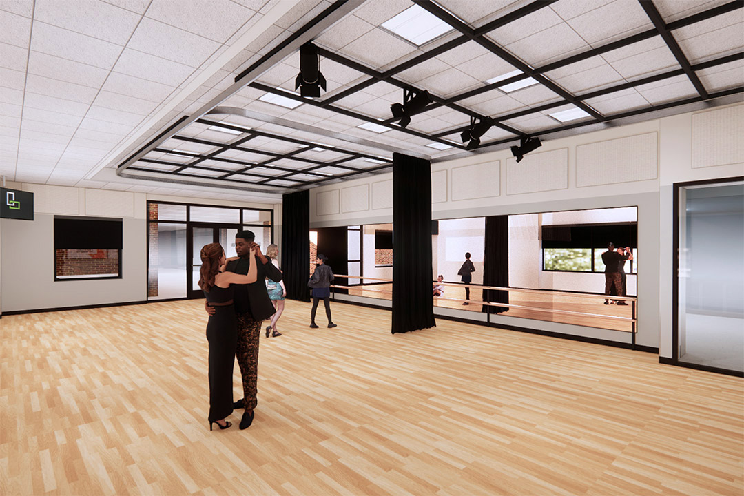 rendering of a dance studio with wooden floors and mirrored walls.