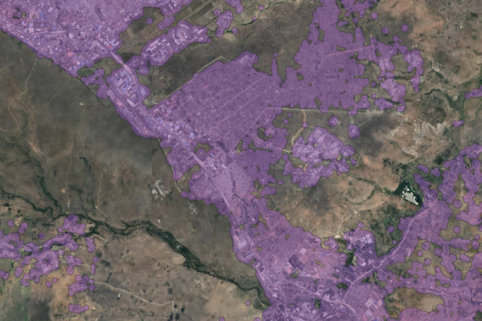 map of a city in Kenya with purple showing areas where people live.