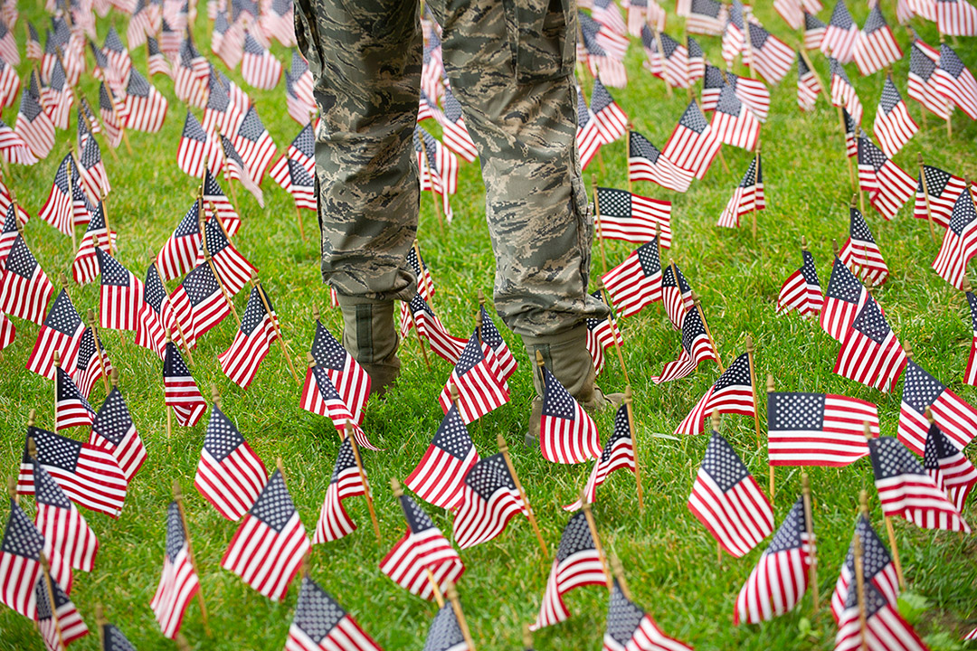 a person wearing military fatigues standing in a grassy area plants with hundreds of small American flags.