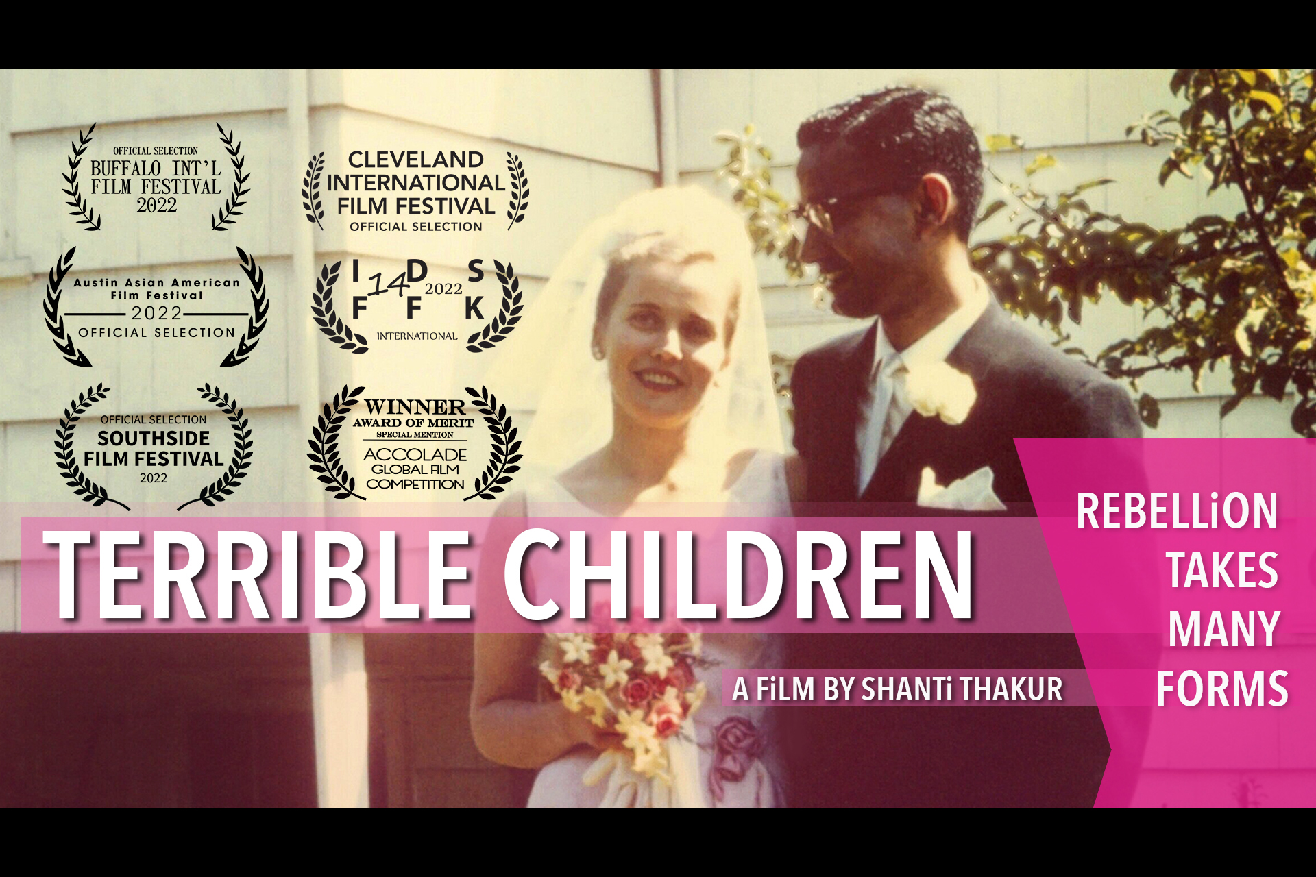 A poster promoting Terrible Children, with actors dressed in wedding garb.