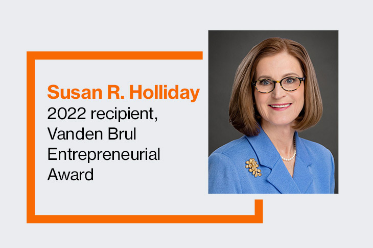 graphic with portrait of Susan Holliday, 2022 recipient of the Vanden Brul Entrepreneurial Award.