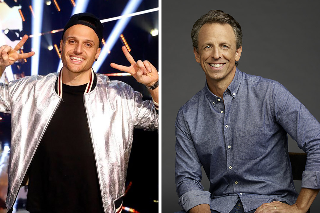 side-by-side images of magician Dustin Tavella and comedian Seth Meyers.