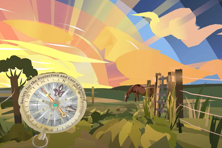 graphic showing a compass, sunrise, and a horse in a field.