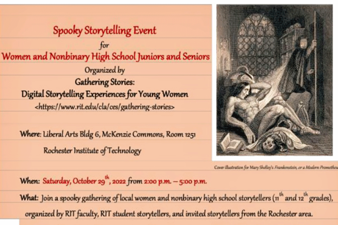 Spooky Storytelling event open to junior and senior women and non-bianary students from the Greater Rochester area