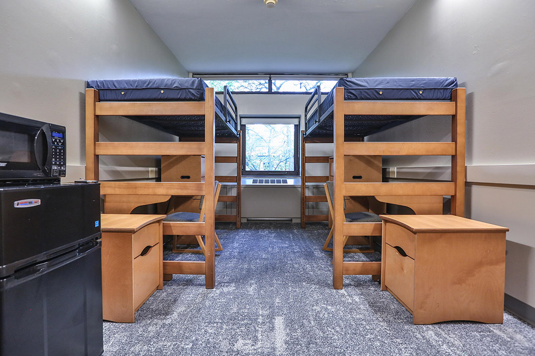 two lofted beds in a dorm room.