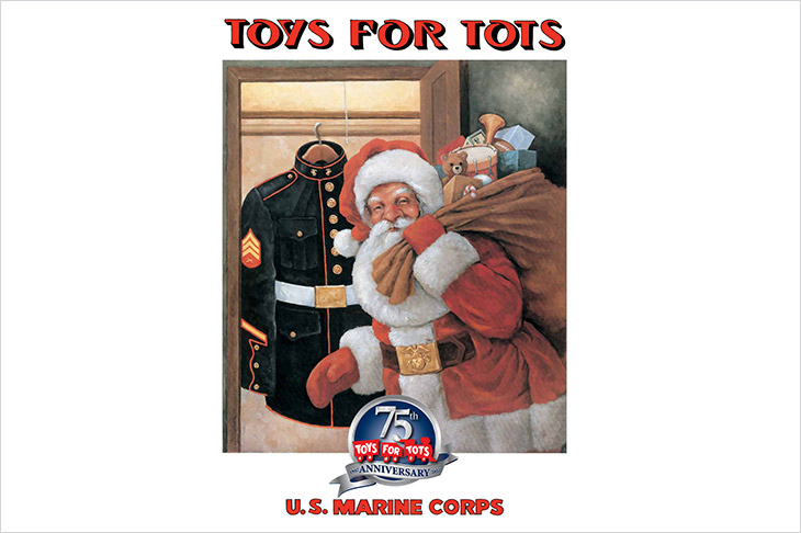 Toys for Tots poster with a drawing of Santa holding a bag of toys in front of a closet with a Marine uniform.