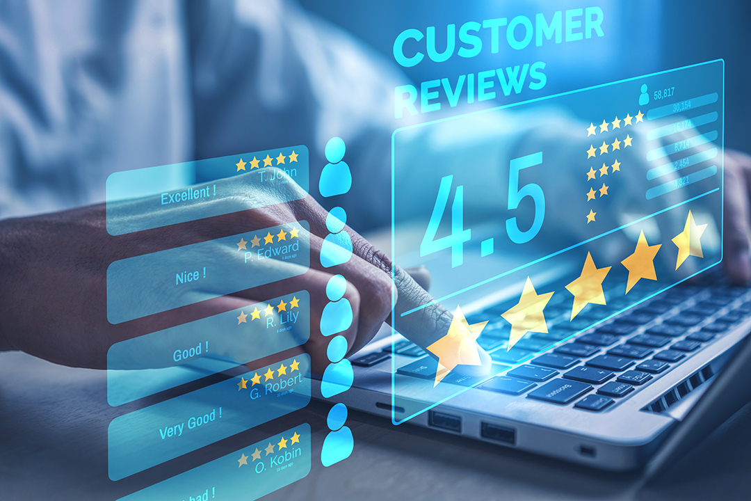 graphic featuring an overlay of a 4.5 star customer review on a person typing on a laptop.