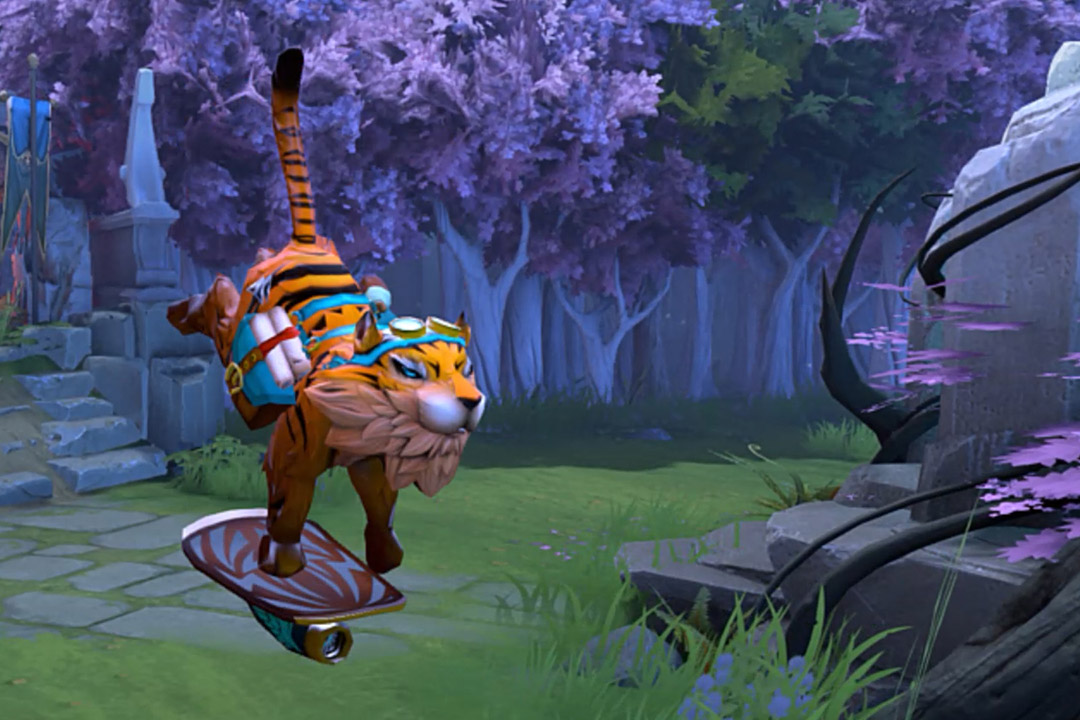 a tiger video game character jumping onto a hoverboard.