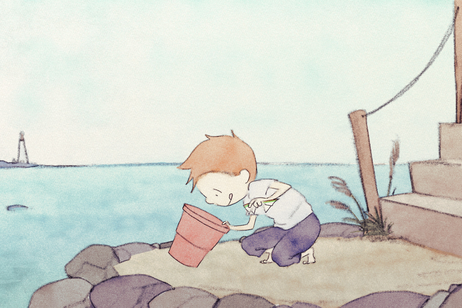 A 2D animation of a boy looking in a bucket next to a body of water.