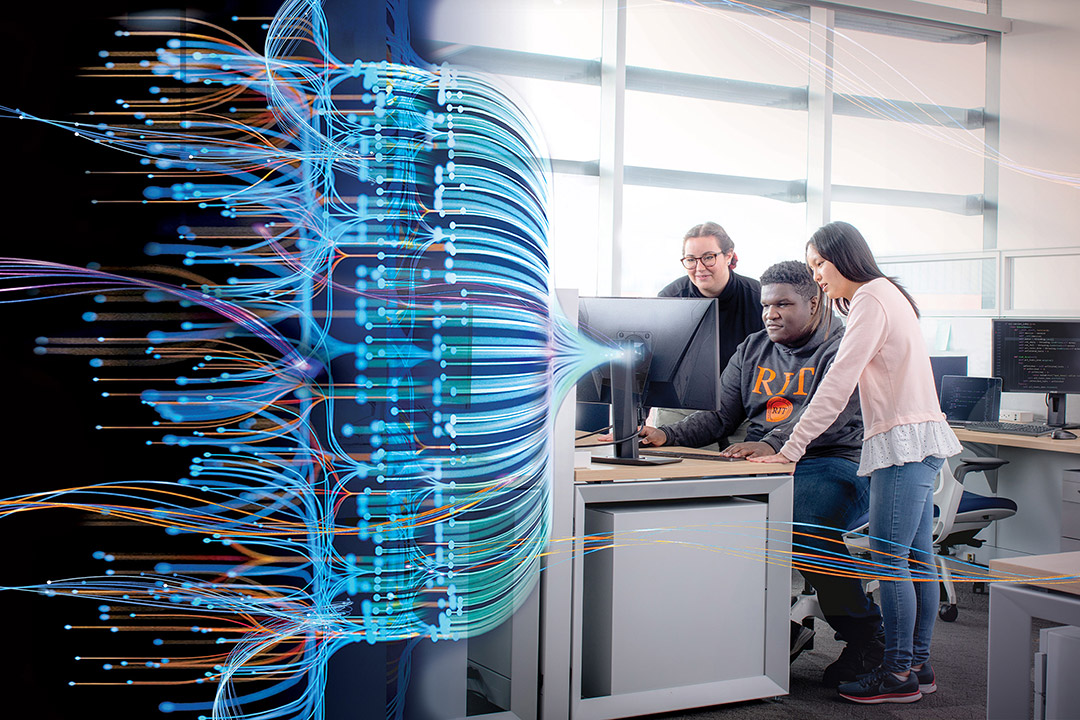 graphic with network of colored lines connecting to a computer being used by three students.