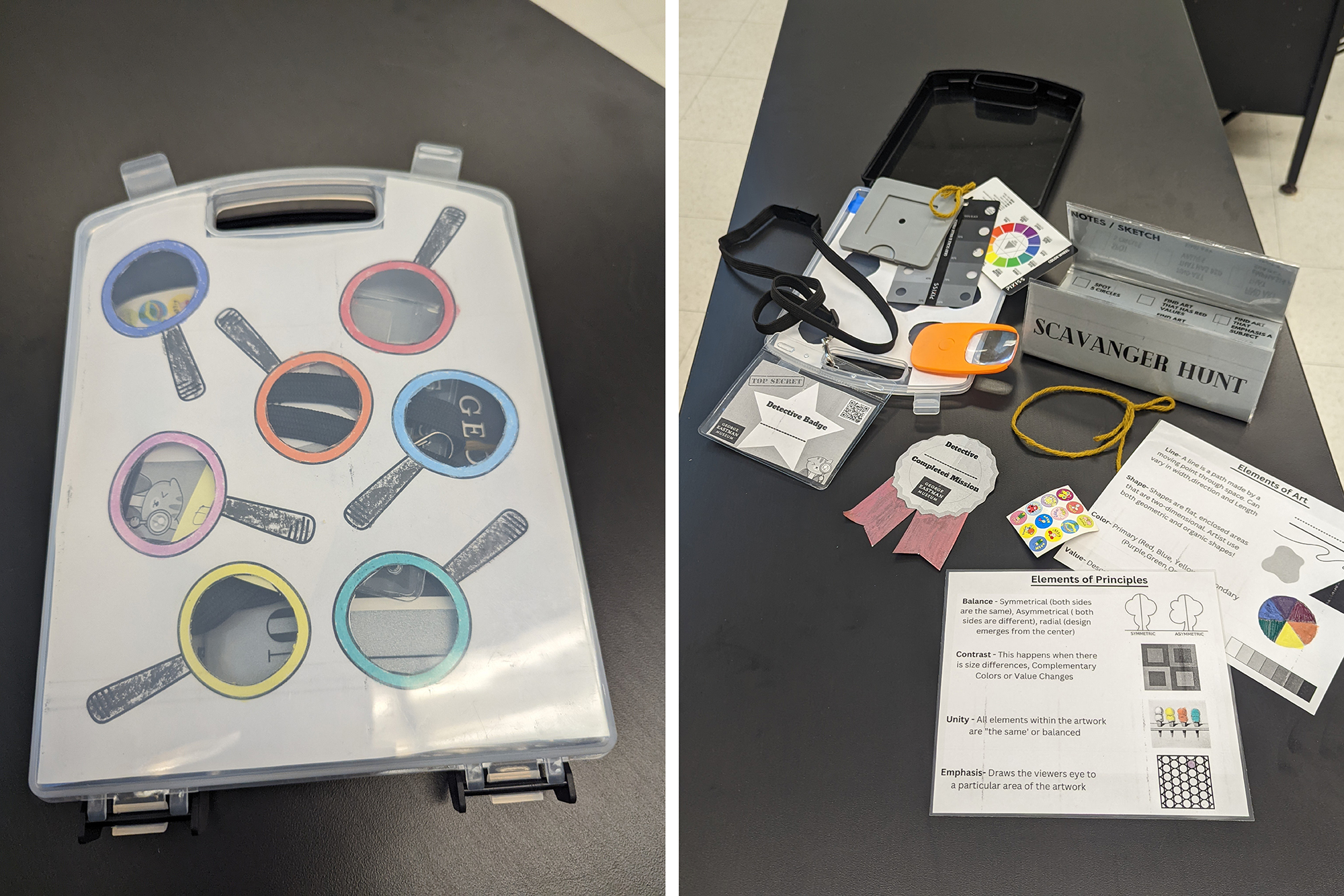 A side by side photo of a George Eastman Museum family visitor kit featuring scavenger hunt prompts and tools.