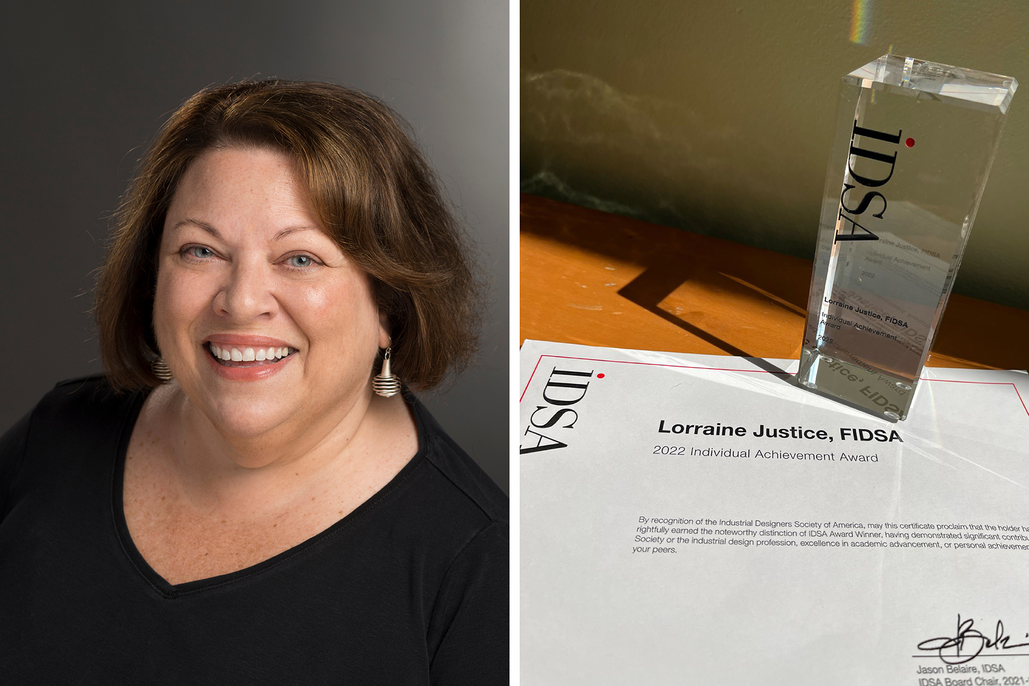 A side by side of a headshot of Lorraine Justice and an IDSA award.