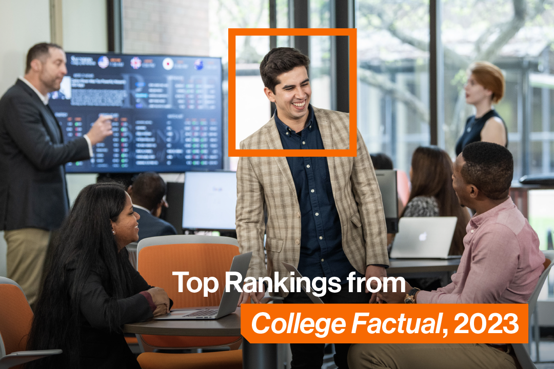 Photo of students with text saying Top Rankings from College Factual, 2023