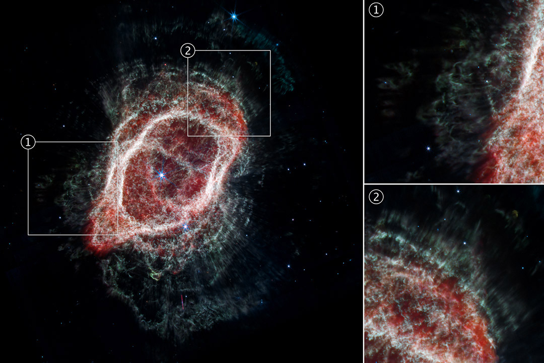 rings of gas and dust around a nebula in space, with two inset images showing the detail of the dust rings.