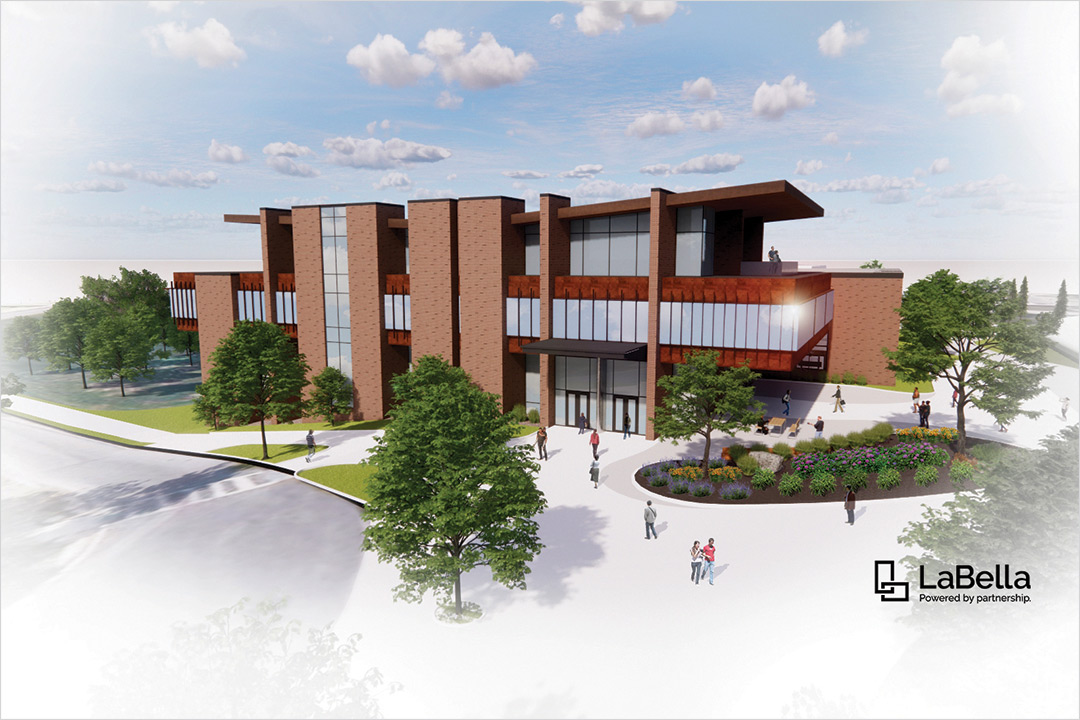 artist rendering of exterior of brick and glass multi-floor building.