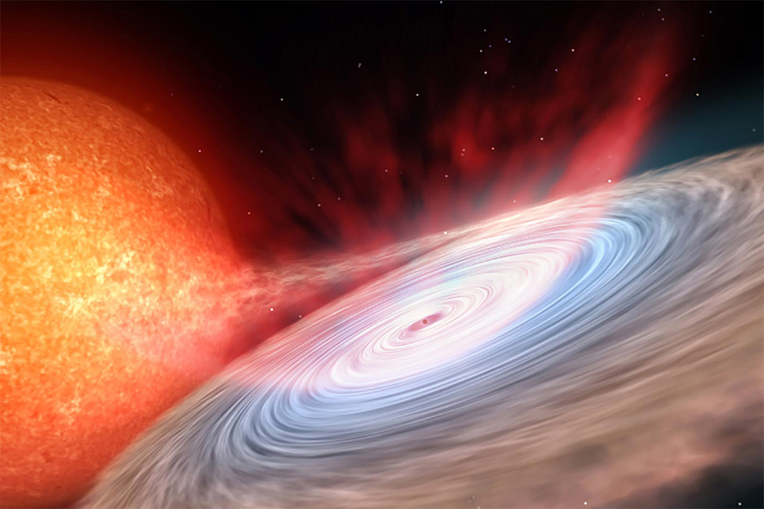 Artistic representation of an orange neutron star spitting material into a spinning vortex.