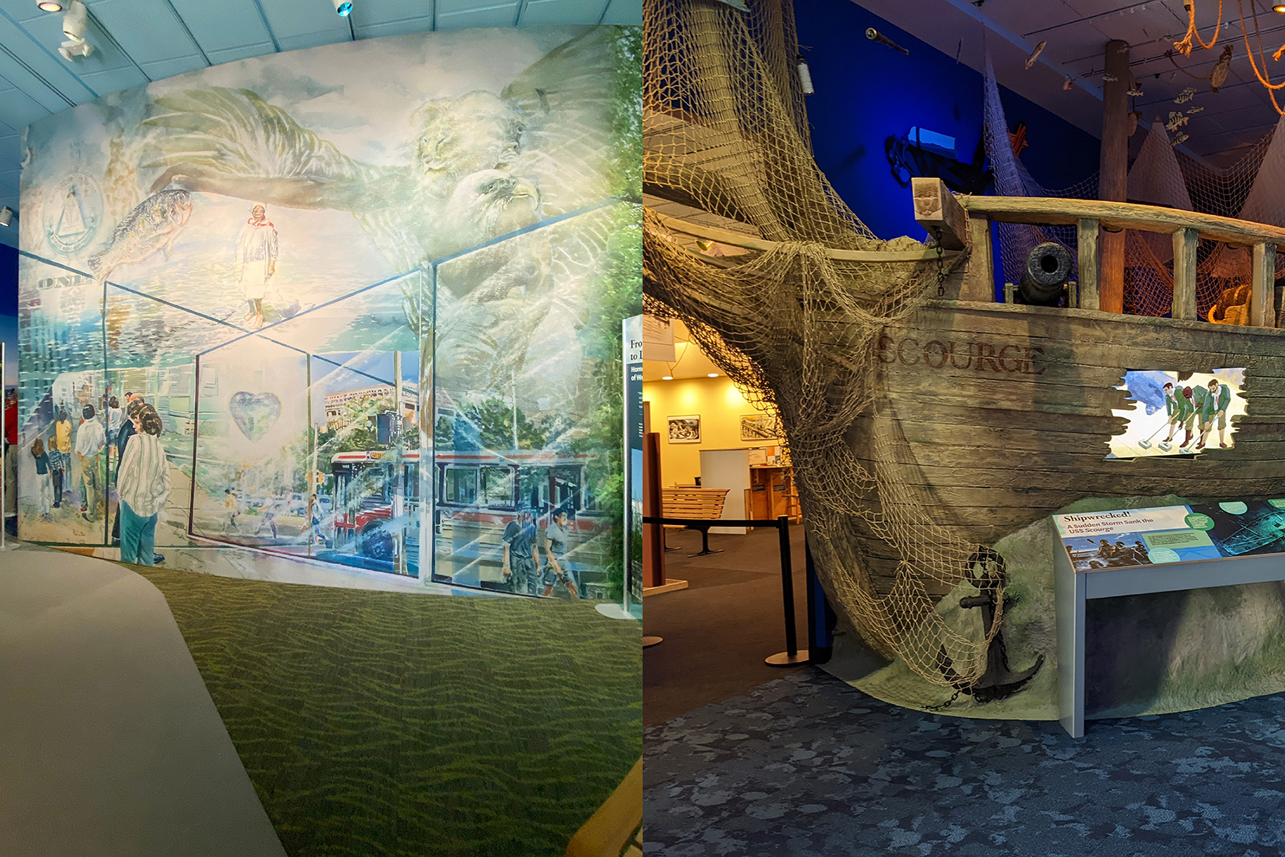 Side by side photos of a mural and ship part of a new exhibit at the Rochester Museum and Science Center.