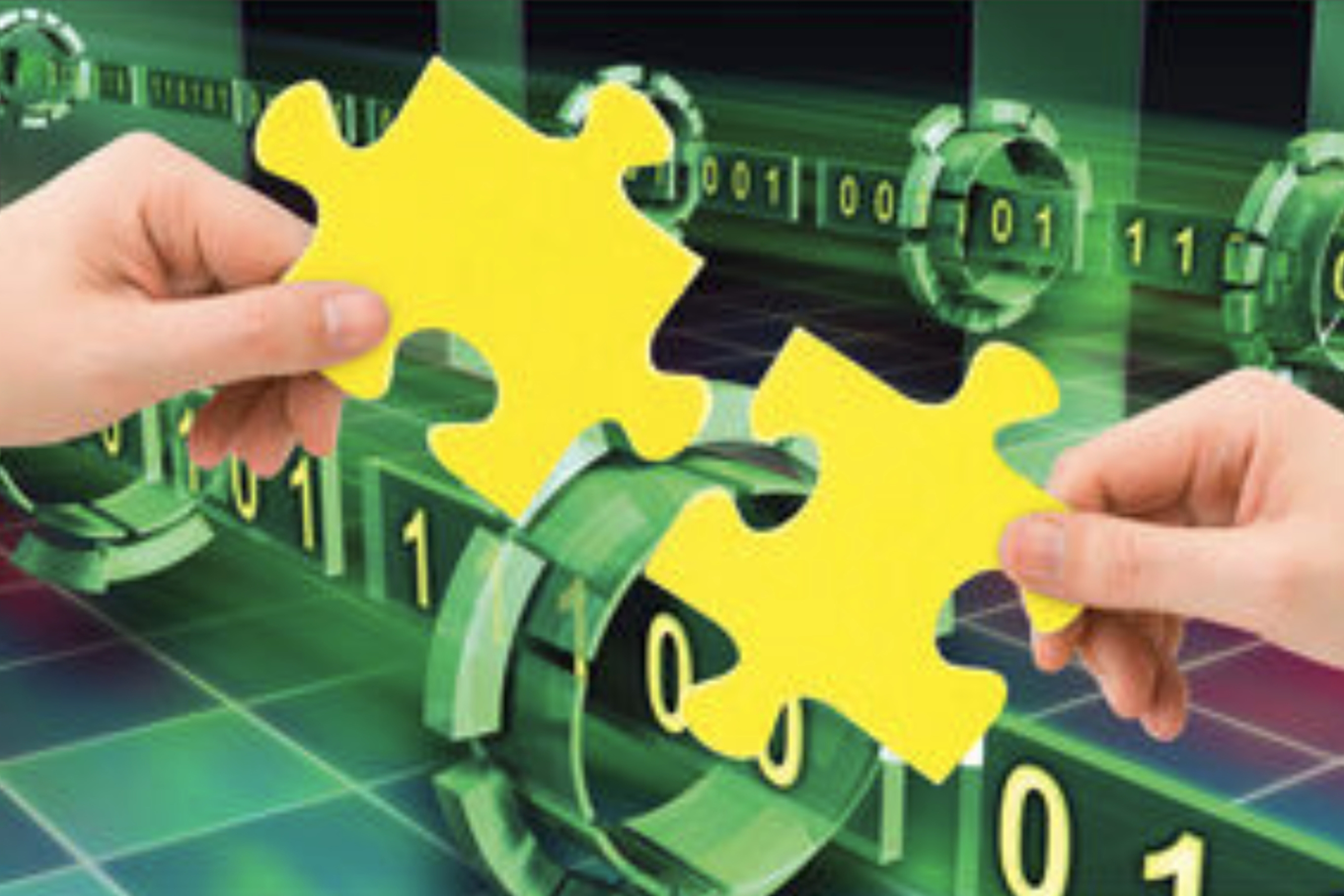 A graphic image of two yellow puzzles pieces being put together by two hands.