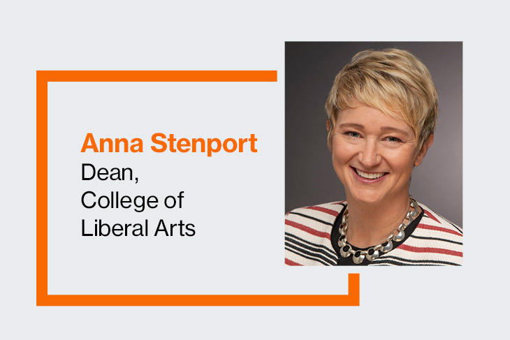 graphic with portrait for Anna Stenport, dean of the College of Liberal Arts.