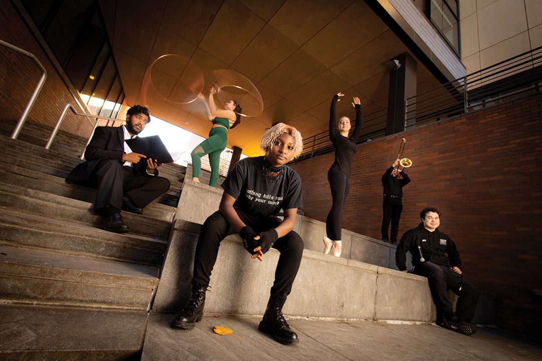 six students posing on steps outside and demonstrating juggling, ballet, and playing the trombone.