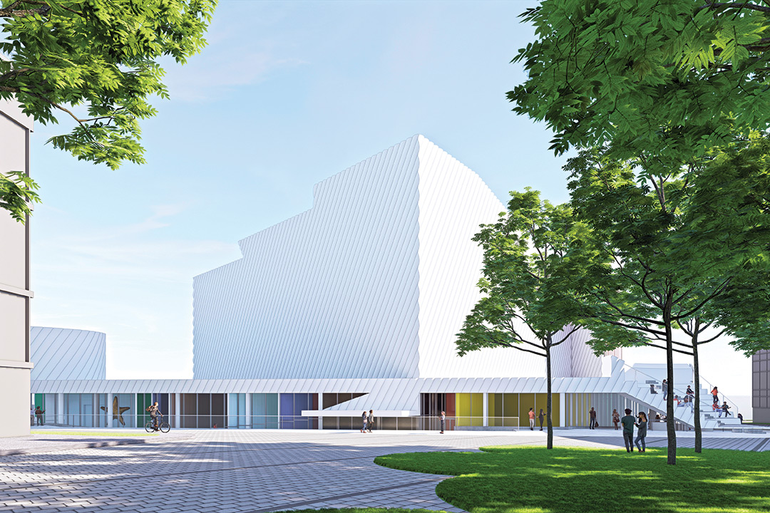 rendering of the exterior of a large, white building.