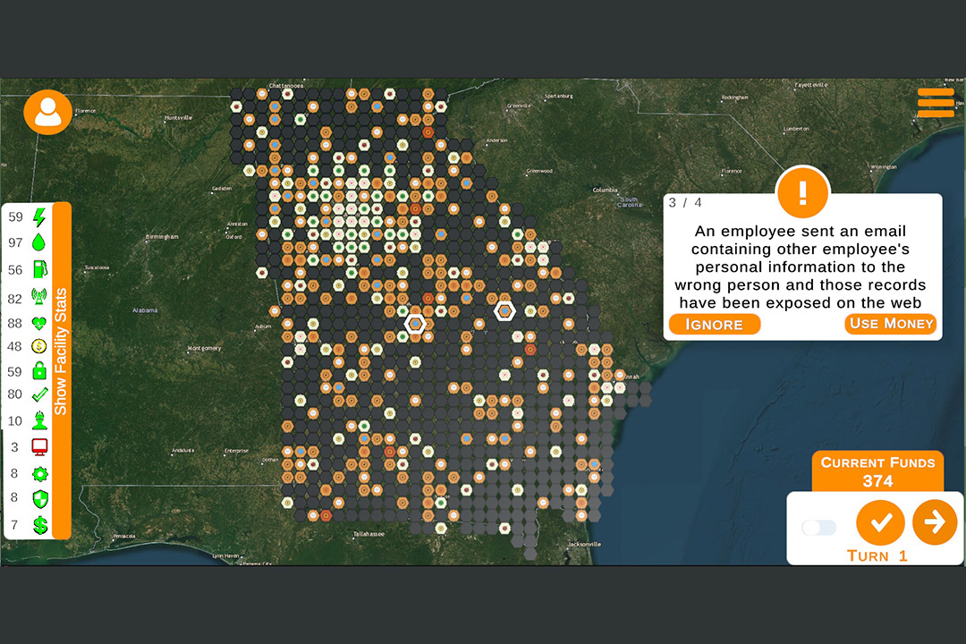 screenshot from a video game that shows the state of Georgia on a map with small hexagons depicting the spread of a cyber attack.