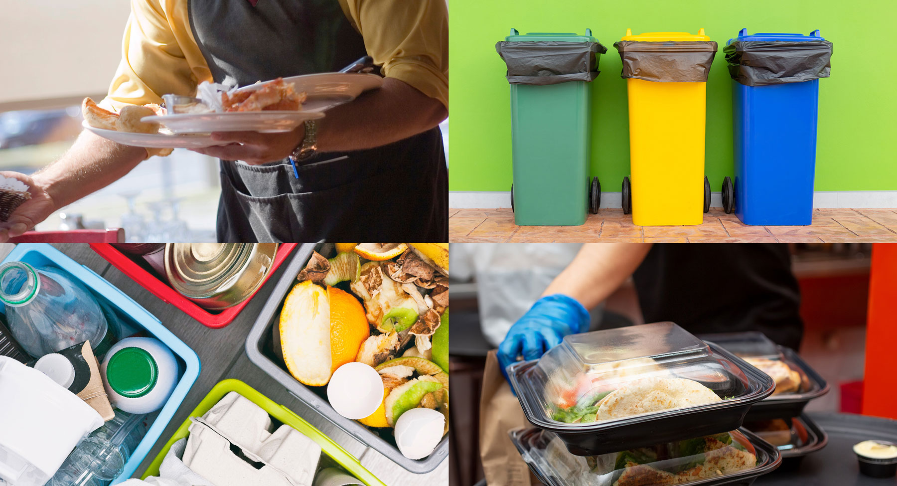 A composite image with four photos (clockwise from top left): a man carrying plates of food, three waste bins viewed from the front, four recycling bins with separated types of waste, and a stack of restaurant food in plastic containers