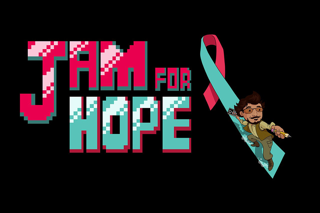 Logo for 'Jam for Hope'. Pink and blue text with ribbon next to it. A small character standing on the ribbon.