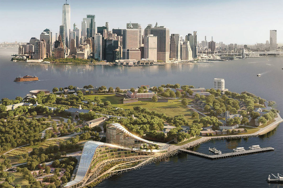 Aerial view of Governors Island and New York City.